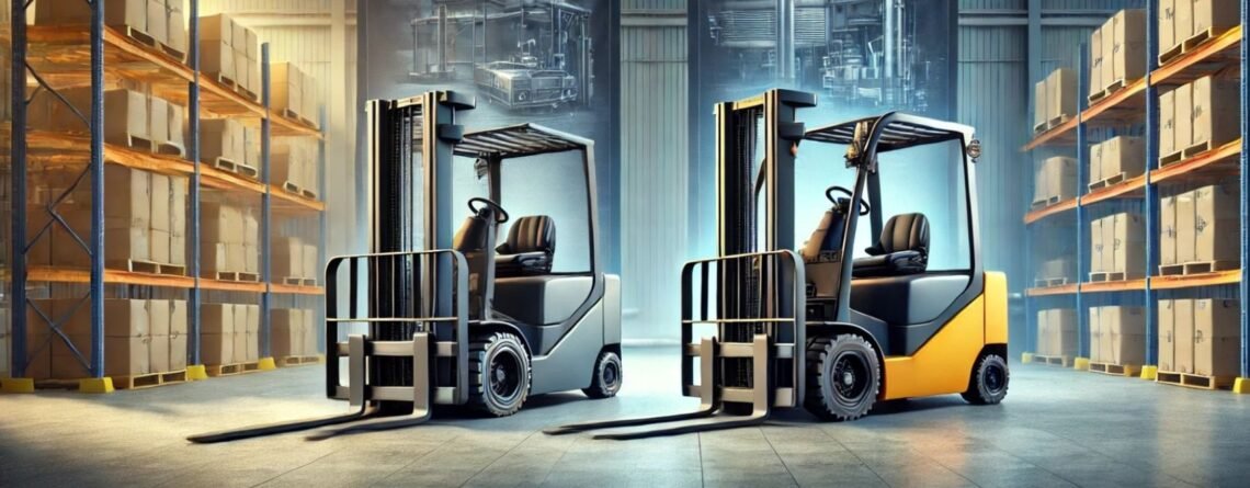 AI generated image of comparison between new vs used forklift