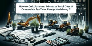Illustration of heavy machinery such as excavators and bulldozers alongside calculators, documents, and graphs, representing the calculation and optimization of the total cost of ownership (TCO) for heavy equipment.