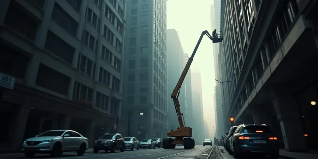 a man on a lift in a city