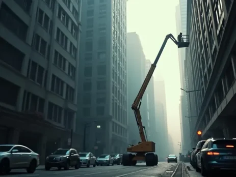 a man on a lift in a city