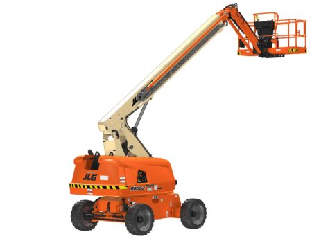 an orange lift with a white pole